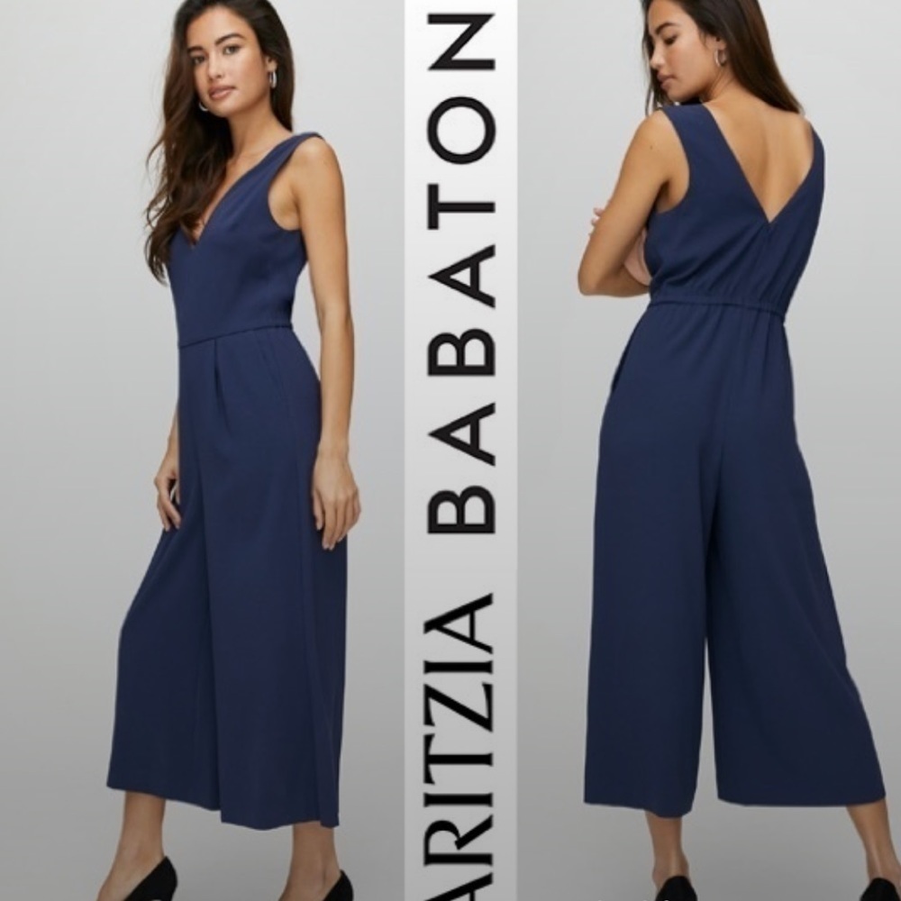 Aritzia Babaton Marcus Navy Blue V Neck Cropped Wide Leg Jumpsuit Size Medium